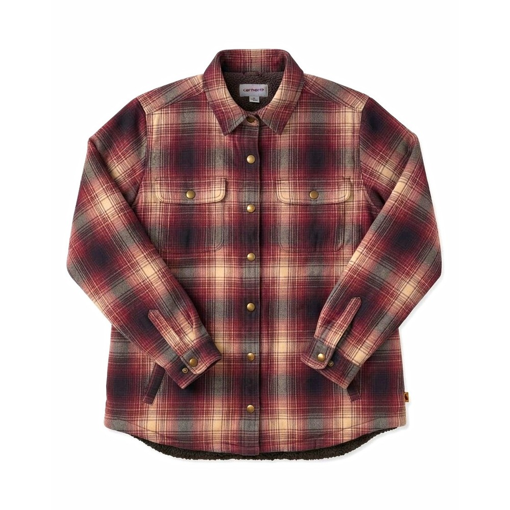 Carhartt Sherpa Lined Plaid Shacket Jacket Youth L 12/14 Burgundy Gray Rugged